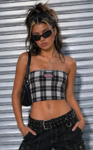 Von Dutch x Puma Women’s Plaid Bandeau Tube Top Large Y2K Black Pink Streetwear thumbnail 1