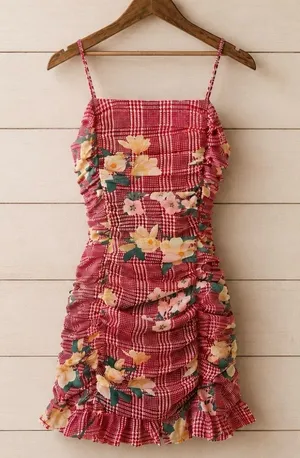 Women's Camellia Fall Red Plaid Floral Ruched Mini Spaghetti Strap Dress Small thumbnail 1