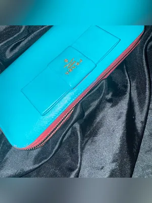 PRADA REWORK: Turquoise Saffiano Leather Bow Clutch with Gold Logo thumbnail 6