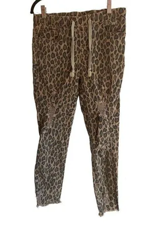 Leopard Print Distressed Jogger Jeans With Drawstring Waist & Raw Hem By YMI thumbnail 1