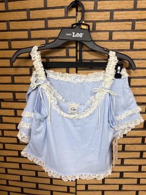 Lee blue and white lace two piece short pajama set size large thumbnail 2
