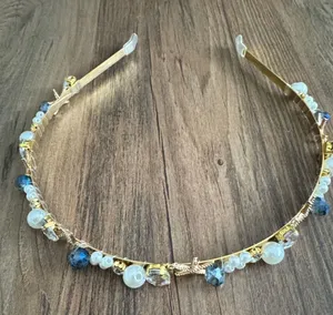 Gold Shell & Pearl Headband with Blue Crystal Accents thumbnail 1