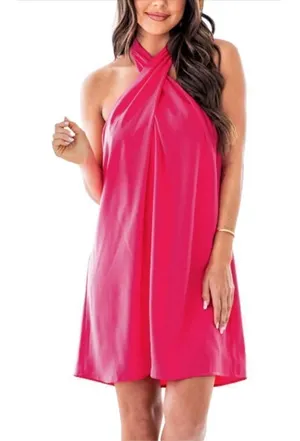 NEW Satin Dress Mini Cross Halter Neck Backless Dress Pink XL thumbnail 1