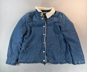 J.Crew Jeans Denim Sherpa Lined Jacket Blue Medium Wash Snap Front Womens Large thumbnail 1