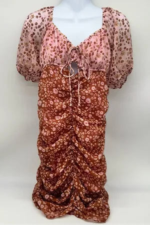 Free People Pink and Rust Brown Floral Ruched Mini Dress with Boho Feels-Size S thumbnail 1