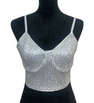 Woman M White Silver Sequin Shiny Bra Crop Top with‎ Adjustable Straps. thumbnail 1