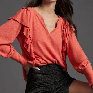 Anthropologie Pilcro Cozy Popover Ruffle Long Sleeves Top Orange Coral V Neck thumbnail 1