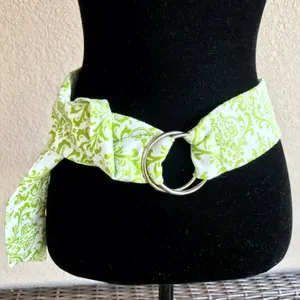 Handmade Womens Belt Chartreuse‎ Lime Green Beige Damask Fabric Wide Round Rings NEW thumbnail 3