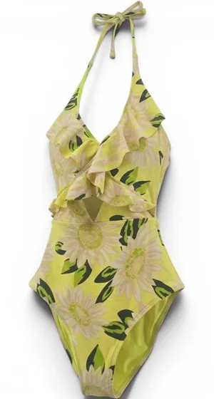 Aerie‎ Swim One Piece Womens Medium Yellow Floral Sunflower Ruffle Cutout Halter thumbnail 1