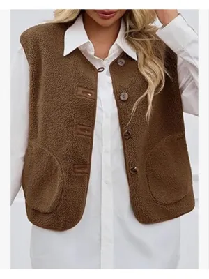 NEW Fuzzy Fleece Sleeveless Button Brown Button-Up Vest XL thumbnail 2