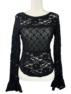 Free People Witchy Victorian Sheer Lace Flared Long Sleeve Top Black Small NWT thumbnail 4