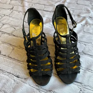 Lauren Black Suede Strappy Wedge Heels Sandals 7 thumbnail 2
