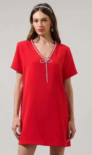 SugarLips Stazie V-Neck Rhinestone Detail Mini Dress Red thumbnail 1