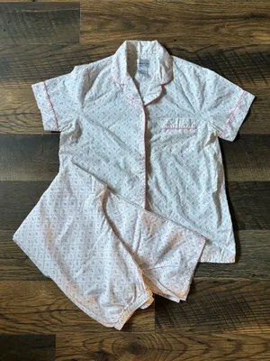 Vintage Short Sleeve Cotton Pajama Set with Pink Piping and Floral Motif Size M thumbnail 3
