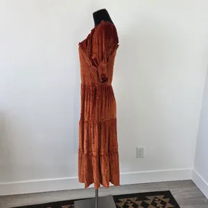 Burnt Orange Copper Velvet Maxi Dress Tiered Smocked Holiday Party Christmas M thumbnail 5