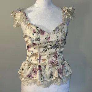 Floral Lace Corset Peplum Top Cream Purple Cottagecore Flutter Sleeve Bustier thumbnail 6