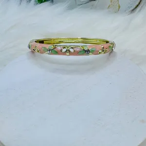 Light pink & green Flower Enamel Cloisonne Bracelet Bangle thumbnail 2
