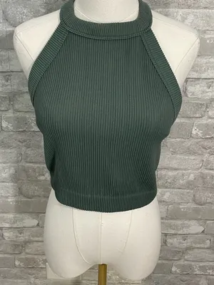 aerie Ribbed Halter Crop Top in Green thumbnail 2