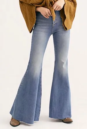 Free People Just Float On High Rise Flare Jeans W27 Light Wash Raw Hem Boho thumbnail 1