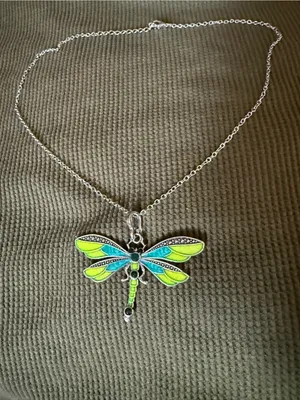 Silver Dragonfly Pendant Necklace in Lime Green & Teal thumbnail 3