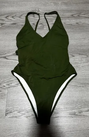 Shade & Shore Women's Olive Green V-Neck Cutout Back One Piece Swimsuit Medium thumbnail 1