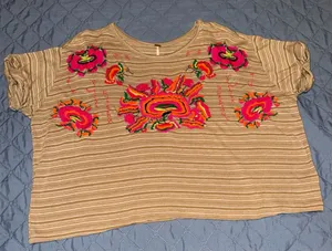 Free People Beige Striped Crop Top with Neon Floral Embroidery-mushroom combo thumbnail 1