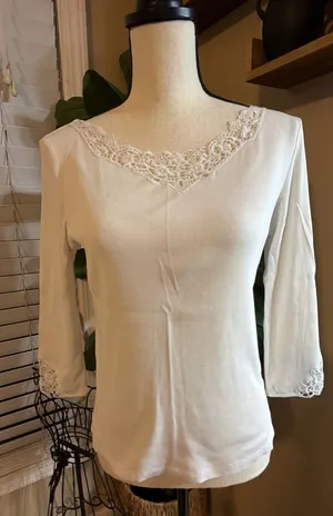 Lauren Ralph Lauren Cream Lace-Trim Ribbed Scoop Neck Long Sleeve thumbnail 1