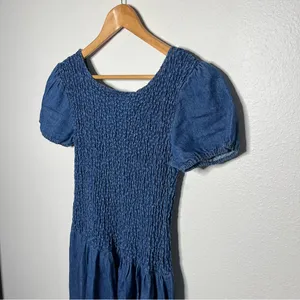 Vintage 90s Smocked Puff Sleeve Drop Waist Pleated Denim Maxi Dress thumbnail 8