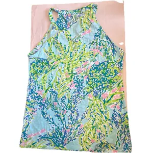 Lilly Pulitzer Blue Green Pink Coral Print‎ Cotton Halter V-Neck Tank Top Small thumbnail 4