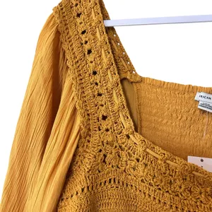 American Eagle NWT Blouse Top Crochet Gauze SZ LG Long Sleeves Mustard Smocking thumbnail 5