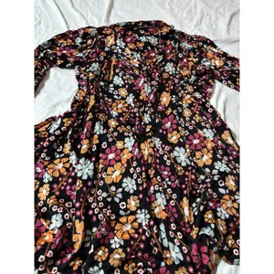 Free People Black Floral Boho Mini Dress Size Small Long Sleeve Tie Neck thumbnail 5
