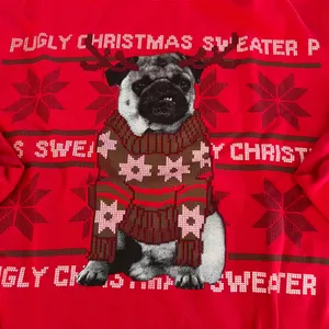 Womens Red Pugly Christmas Sweater‎ Pug Dog Holiday Crewneck Sweatshirt Top thumbnail 2