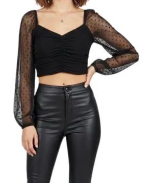 Blue Blush Black Mesh Top Crop Ruched Semi Sheer Polka Dots L thumbnail 1