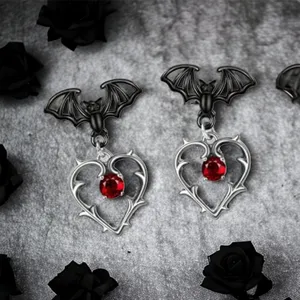 Gorgeous Black Bat Heart‎ Dangle Halloween Earrings with Ruby Color Decor Silver thumbnail 7