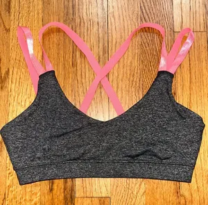 Strappy Sports Bras in heathered slate gray with pink thumbnail 1