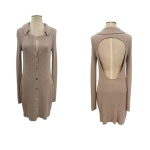 LPA Naolin Taupe Rib Knit Open Back Collared Bodycon Mini Dress‎ Size Medium thumbnail 3