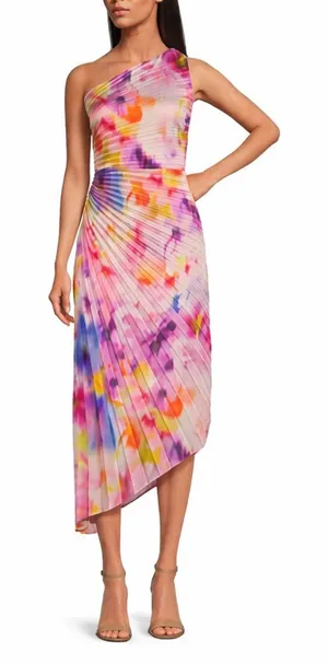NWT Belle Badgley Mischka Kelsey Pleated Pink Multi Asymmetric Midi‎ Dress thumbnail 1
