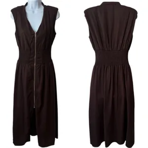 Joie Linen Blend Chocolate Brown‎ Zip-Front Midi Dress Quiet Luxury Old Money M thumbnail 2
