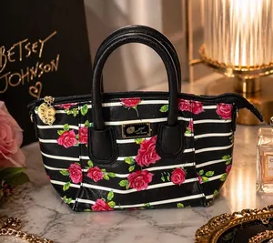 Betsey Johnson Floral Stripe Satchel Black Pink Rose Mini Handbag Y2K thumbnail 1