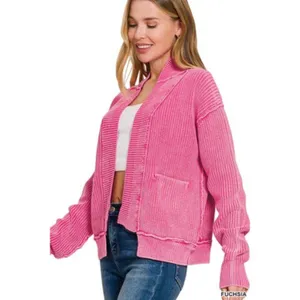 Zenana Washed Dropped Shoulder Cardigan with‎ Side Pockets - Medium thumbnail 3