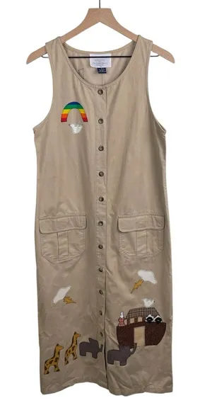 Vintage 90s Handmade Embroidered Cargo Maxi Dress Size Small Noah's Ark Rainbow thumbnail 1