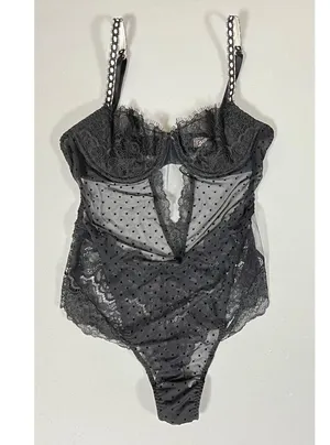 Black Polka Dot Dots Floral Lace Teddy Onesie Bodysuit Lingerie Size XS 🖤 thumbnail 4