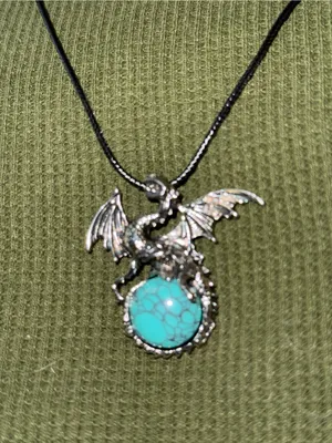 Dragon Pendant Necklace with Turquoise Stone - Black Cord thumbnail 2
