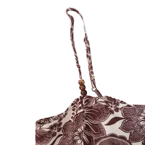 Rachel Zoe Size Medium Brown Floral Linen Blend Beaded Strap Smocked Crop Top thumbnail 2
