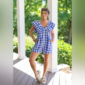 Lulus NWOT Day & Moon Boutique Brand White/Blue Checker Gingham Print Romper | Size: M thumbnail 6