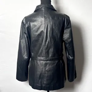Vintage Outbrook Black Leather Jacket Womens Large Belted Zip Coat 90s thumbnail 4