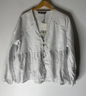 NWT Zara striped linen pheasant‎ v neck button front blouse white blue large thumbnail 1