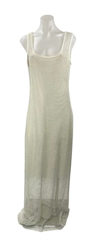 NWT Lavish Ivy White Sleeveless Beaded Mesh Net Maxi Swim Cover Up Dress Size M thumbnail 1