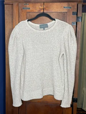 Anthropologie Sunday in Brooklyn Khaki Knit Sweater Small Puff Sleeve Neutral thumbnail 2