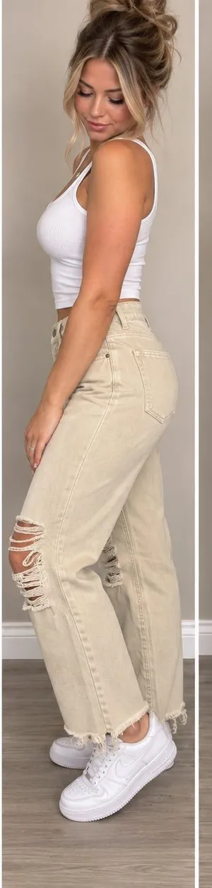 Zenana High Rise Distressed Straight Jeans Sand Beige thumbnail 1